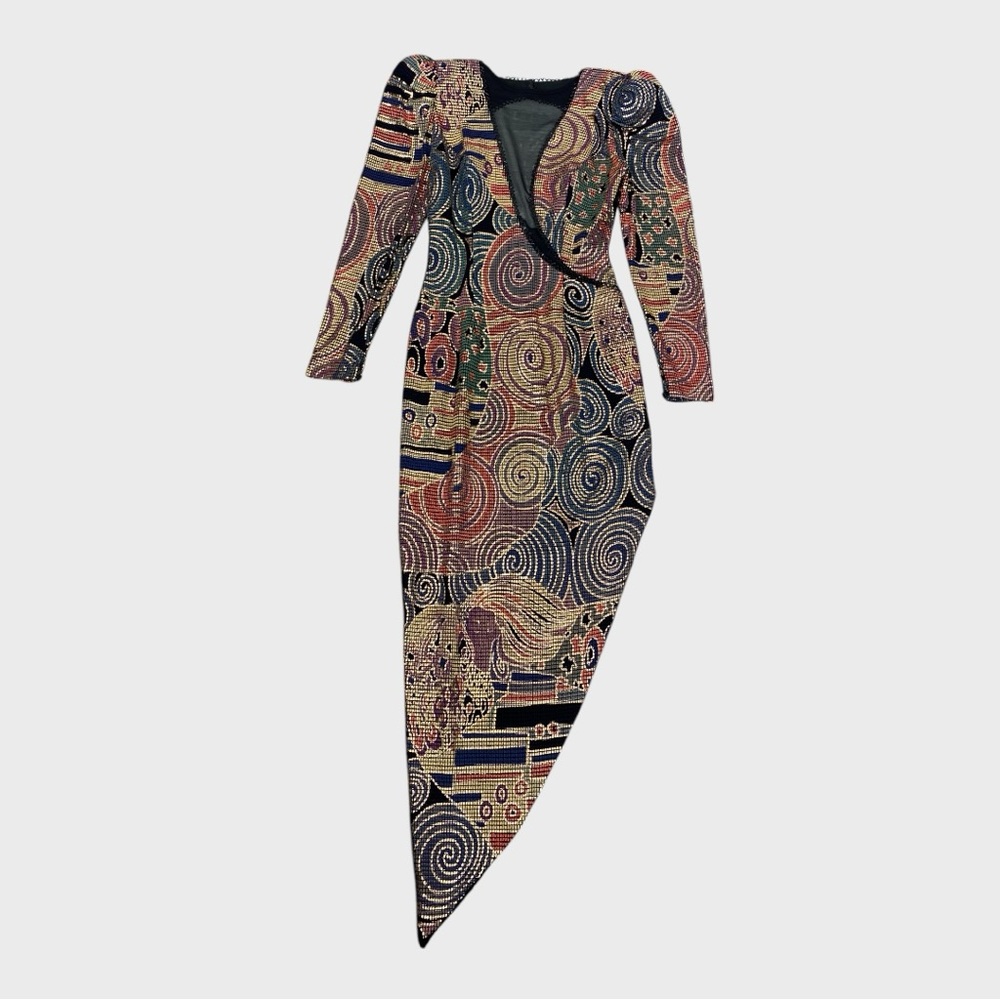 Vintage Multicolor Metallic Painted Bombshell Mesh Front Midi Dress Size Small - Picture 5 of 16